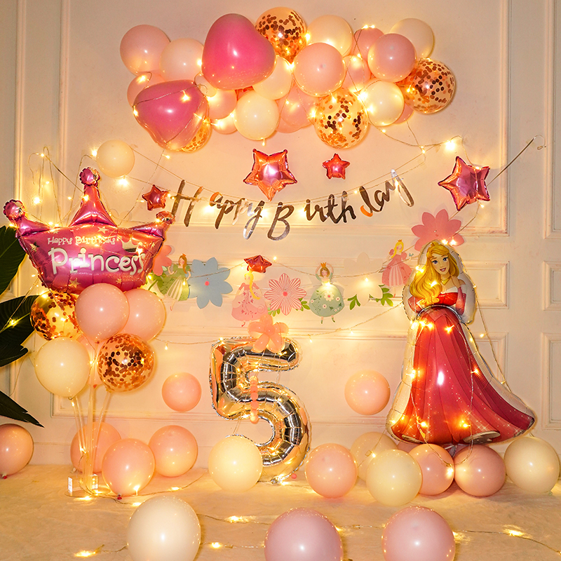 女童白雪公主主题气球场景布置背景墙女孩5岁生日气球