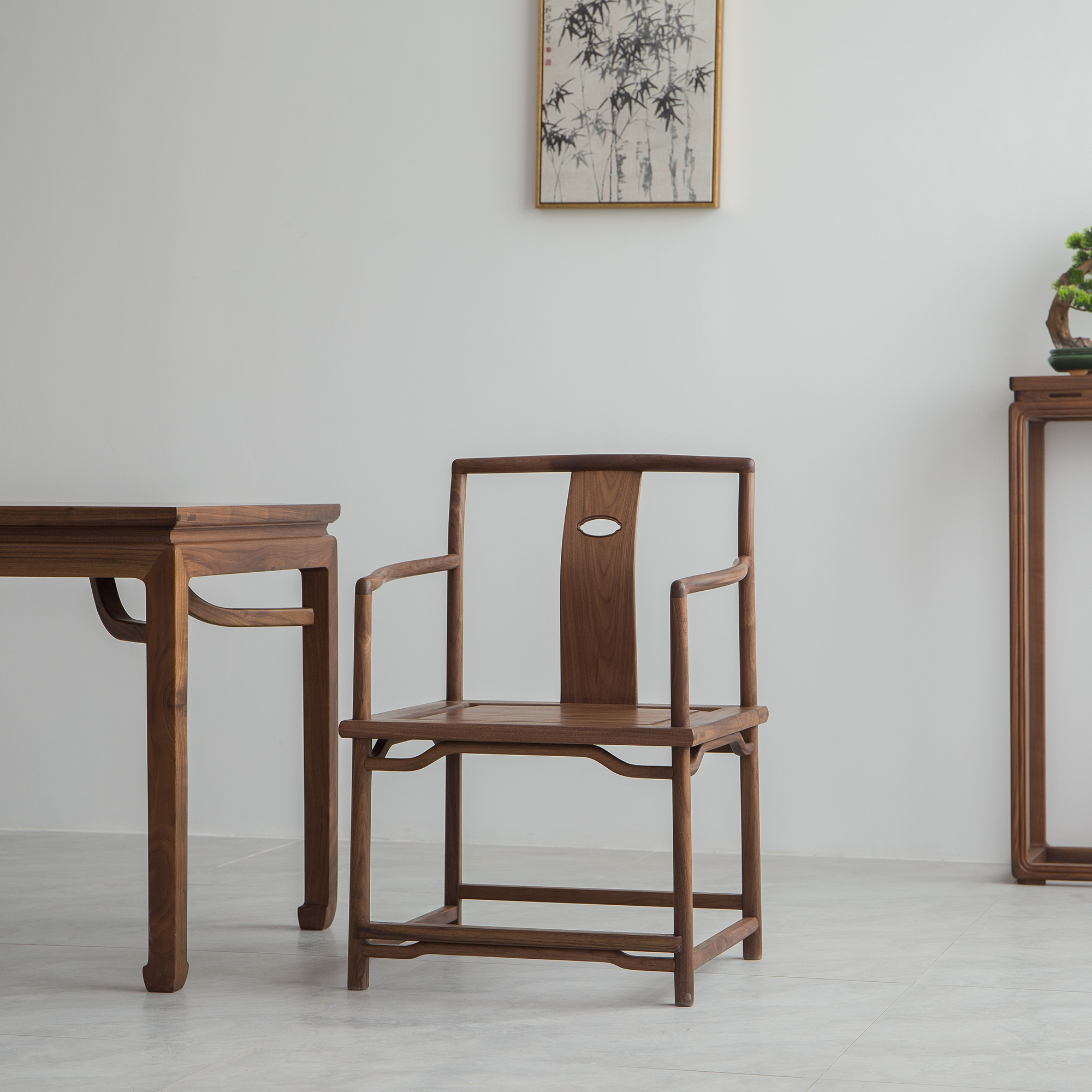 新中式茶椅简约太师椅仿古明清客椅办公室免漆榆木圈椅