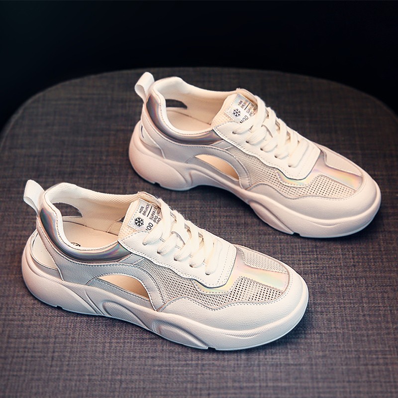 意尔康公主真皮透气镂空小白鞋女2022夏季新款网面轻便运动老爹鞋