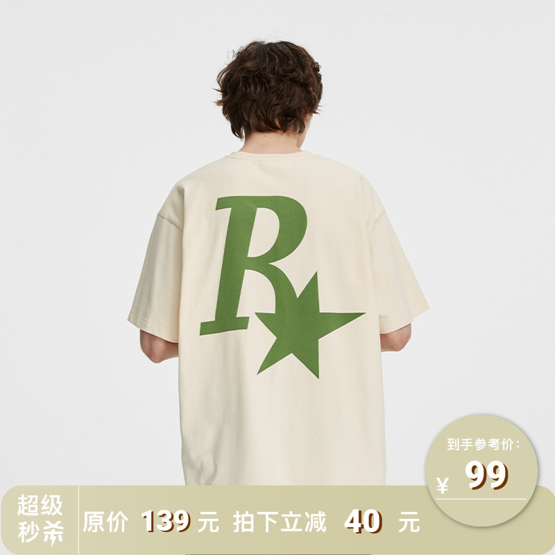 RASS复古夏季R星t恤 国潮牌美式高街百搭简约宽松潮流短袖男半袖