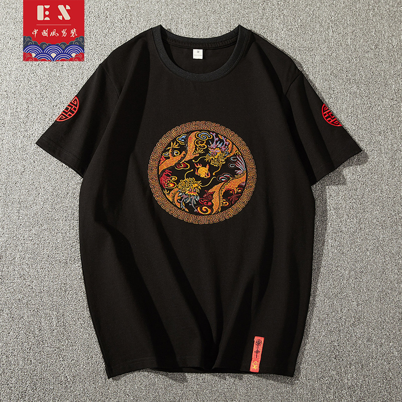 夏季新款潮牌中国风复古半截袖纯棉t恤男刺绣龙袍短袖体恤衫宽松