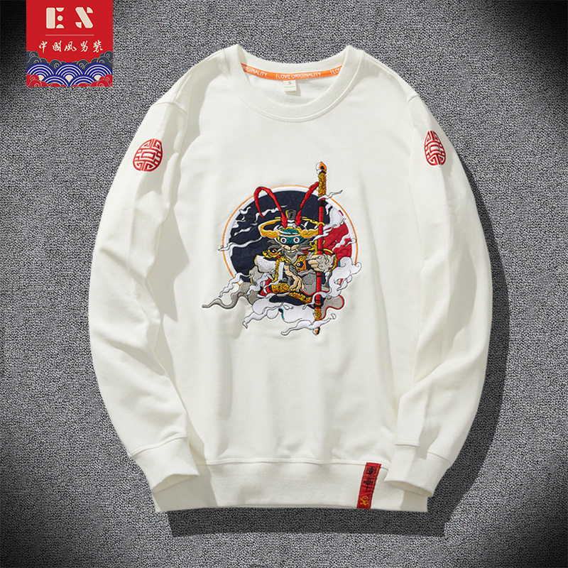 圆领卫衣男加绒2021秋冬季国潮刺绣套头衫学生情侣大码外套潮百搭