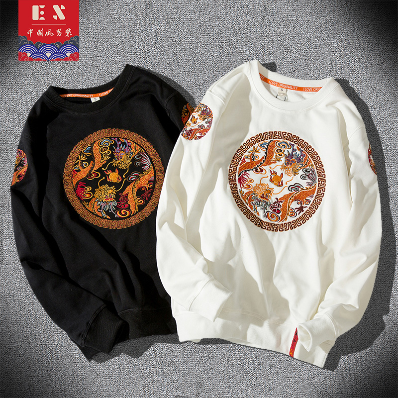 加绒加厚卫衣男圆领中国风龙袍刺绣2022秋冬大码宽松胖子男装潮