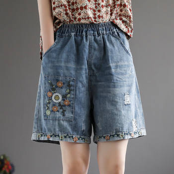 Thin 2023 New Retro Distressed High Waist Denim Shorts Women Patch Embroidery Large Size Loose Wide Leg Pants