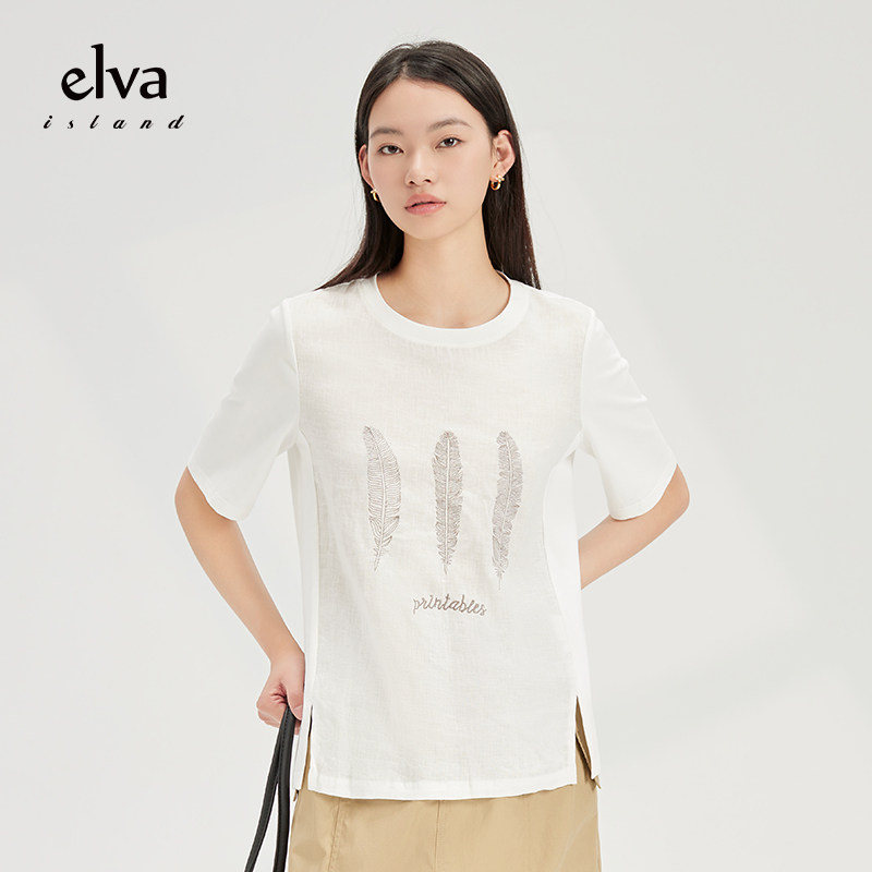 elvaisland白色圆领印花短袖恤女2023年新款基础t恤