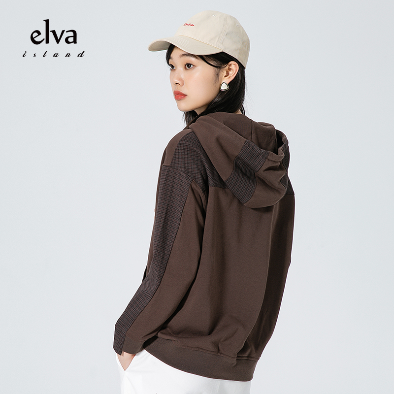 elvaisland卫衣女连帽2022年秋季新款时尚格子拼接长袖卫衣