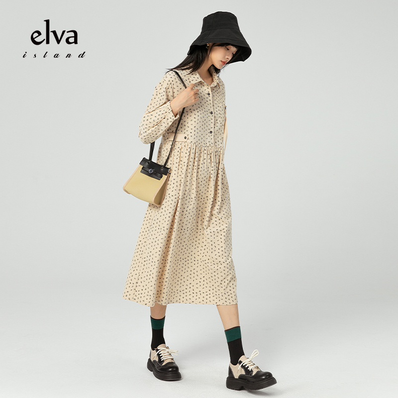 elvaisland碎花连衣裙长袖秋款女装2022年新款减龄连衣裙