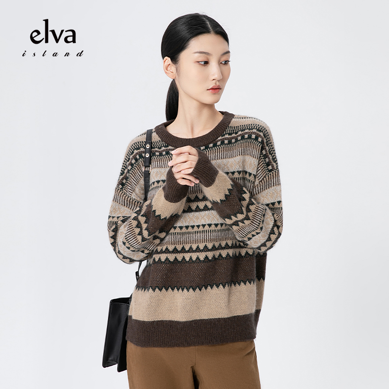 elvaisland圆领条纹针织织女2022秋冬新款打底毛针织衫