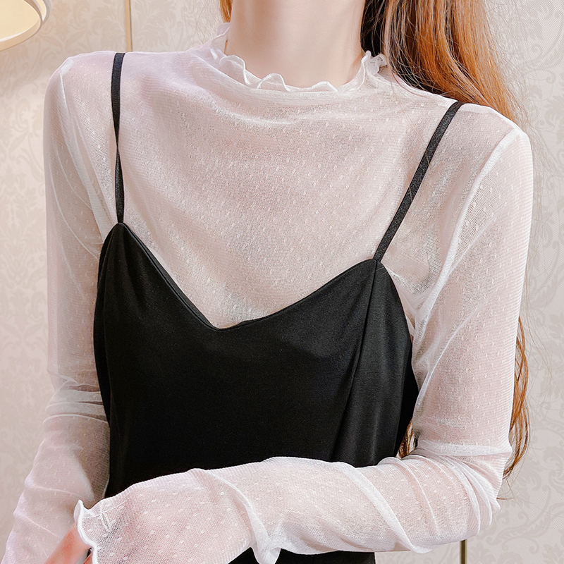 蕾丝打底衫女春秋长袖薄款高领网纱内搭新款薄纱上衣洋气透明纱衣