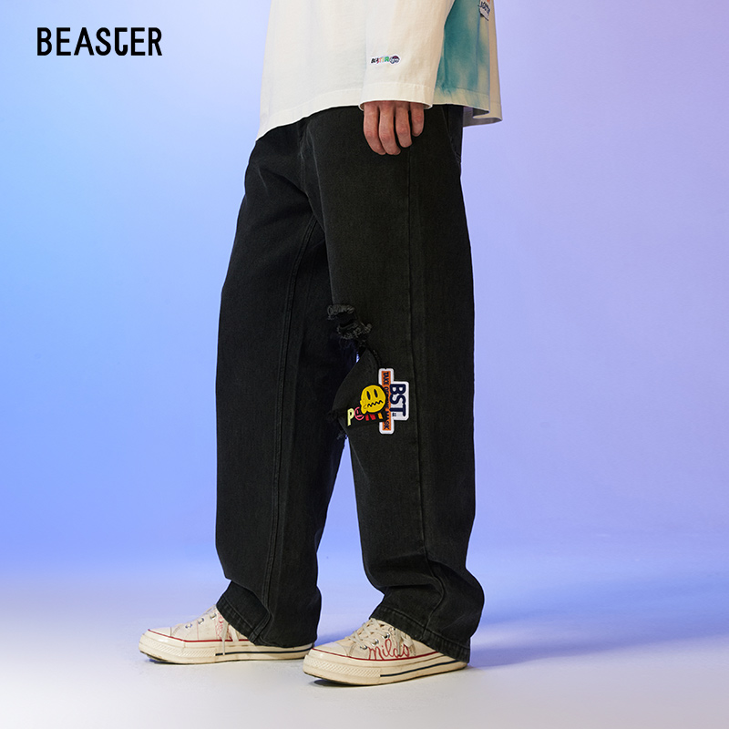 BEASTER奥莱 x小马宝莉联名款破洞毛边牛仔裤街头潮直筒阔腿长裤