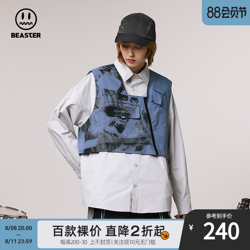 BEASTER奥莱小恶魔鬼脸时尚个性可拆卸马甲衬衫复古潮流印花衬衣