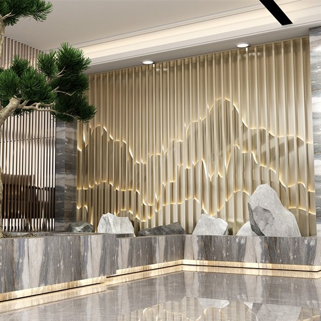 酒店背景墙隔断ktv不锈钢假山屏风室内大堂西餐厅屏风