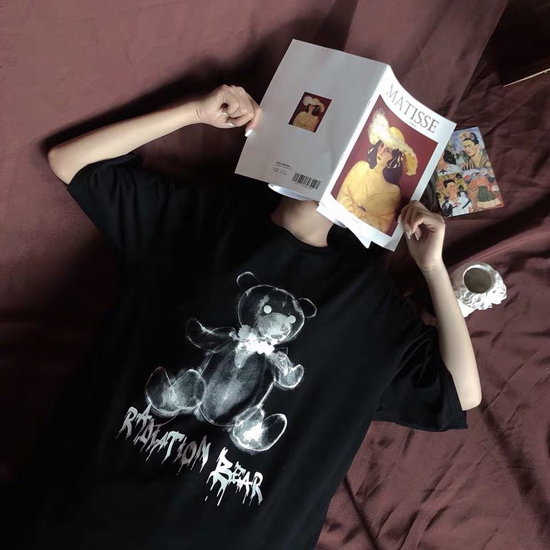 TNQT心碎创可贴 萌宠系列 官方嘻哈小熊宽松短袖情侣男水墨女t恤