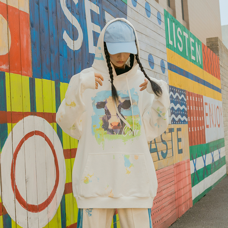 COAR秋季新品水彩牧场字母连帽卫衣男嘻哈潮流街头帽衫春秋季ins