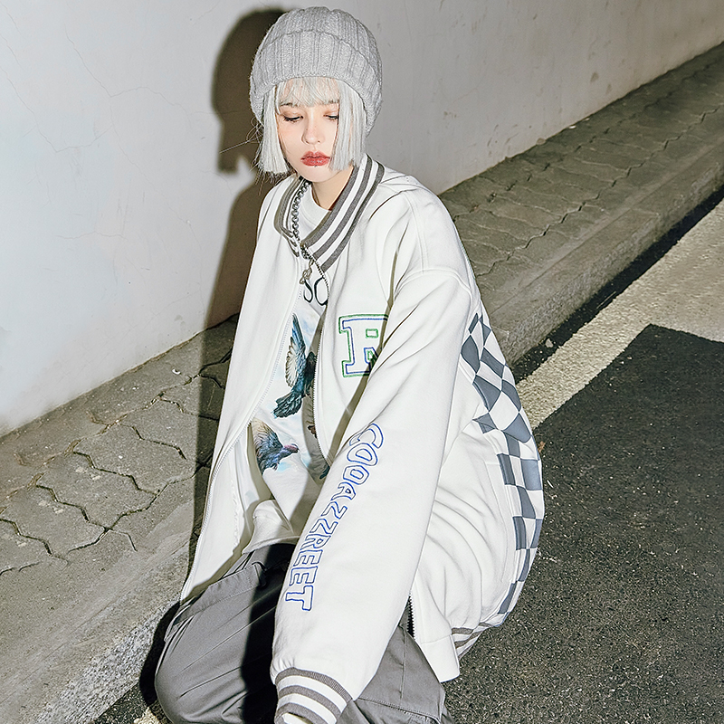 COAR棋盘格拼接棒球服春季国潮牌情侣款街头休闲夹克宽松外套男女