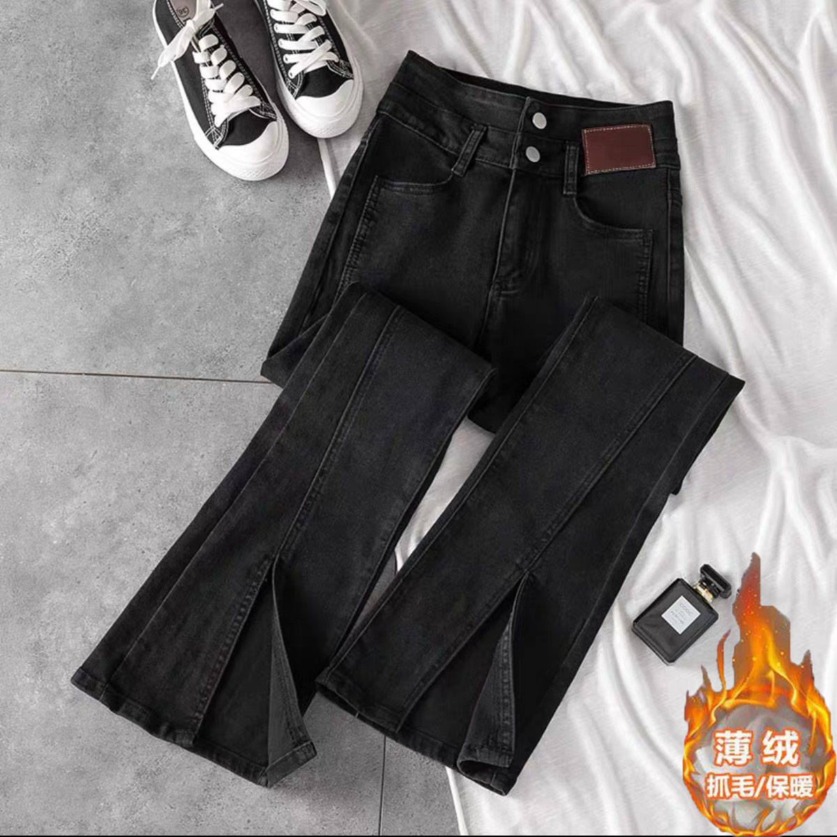 小直筒微喇裤喇叭裤2021夏季新款两粒扣高腰显瘦裤脚开叉牛仔裤女