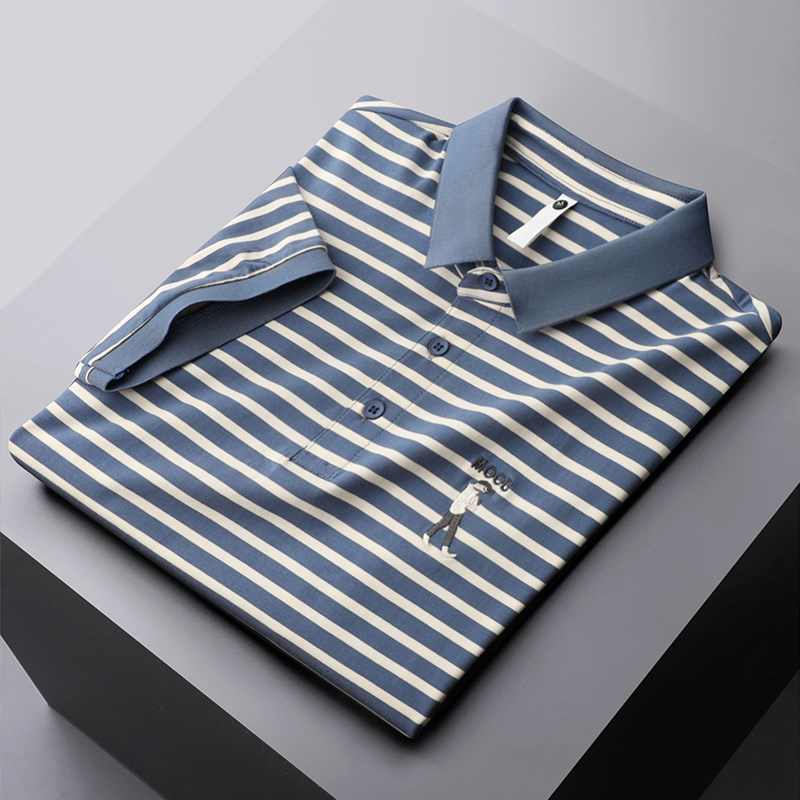 人气好货！轻奢条纹丝光棉polo衫男短袖夏季薄款刺绣潮流休闲上衣