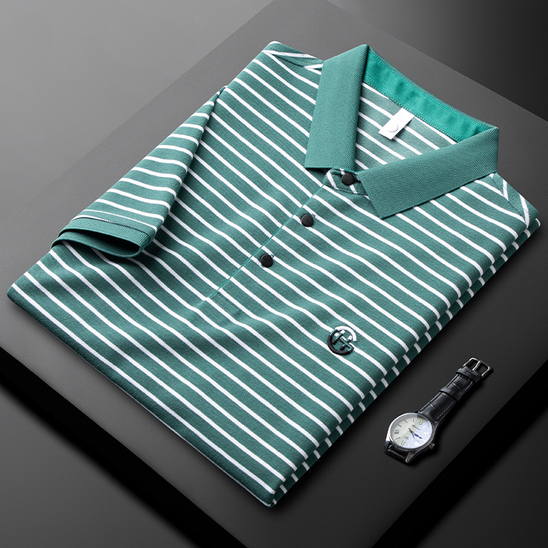 自留推荐！高级感珠地刺绣短袖保罗衫男夏季商务休闲条纹翻领体恤