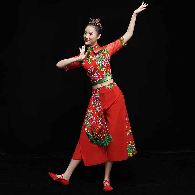 正品扭秧歌服舞蹈服装演出服扇子舞手绢舞广场舞套装女东北大花布