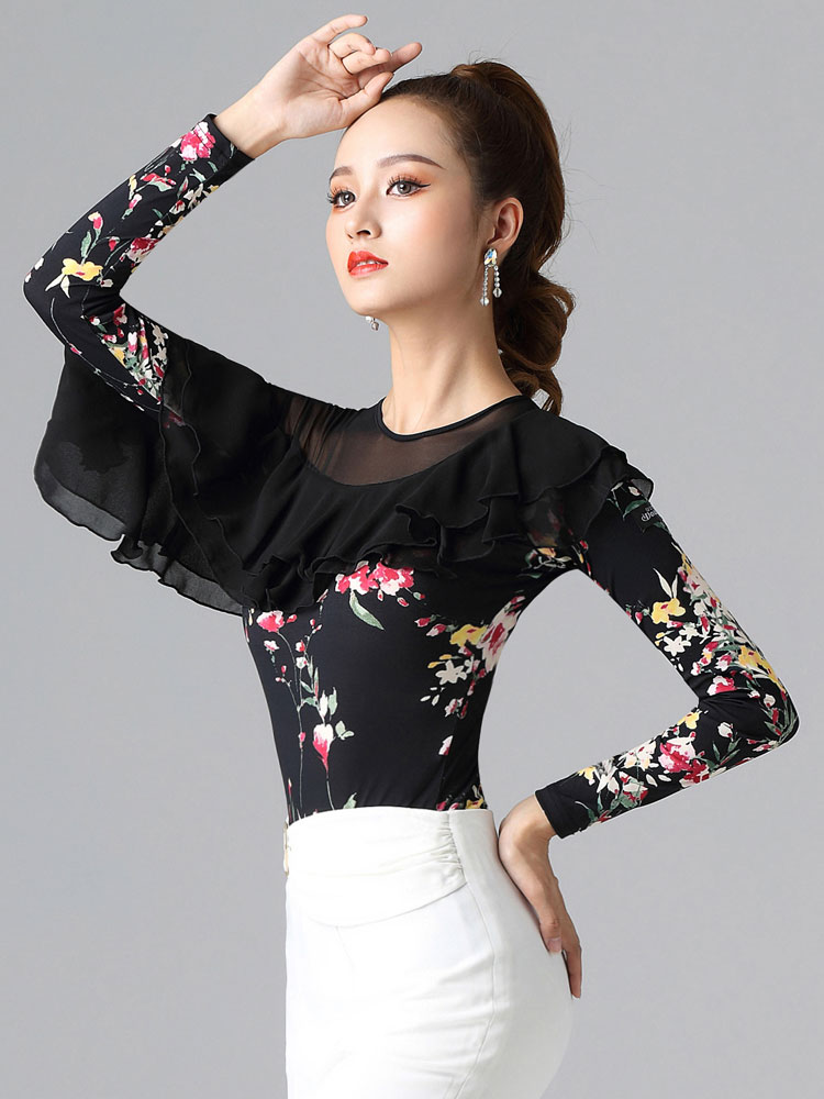 丹宝罗舞衣上衣新款女士摩登荷叶长袖弹力连体摩登舞上装