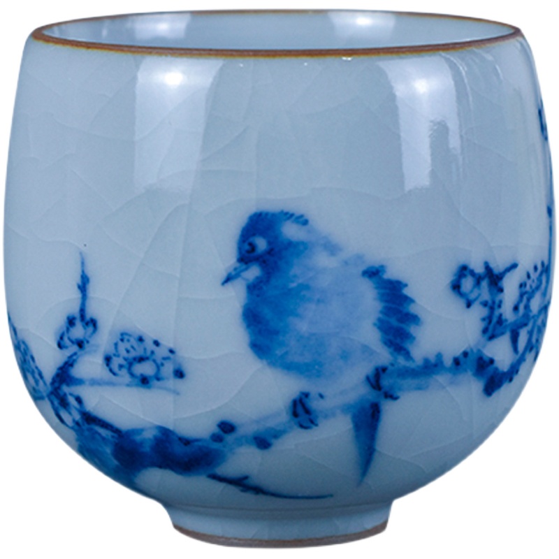 八大山人手绘花鸟青瓷汝窑开片手工青花主人茶杯