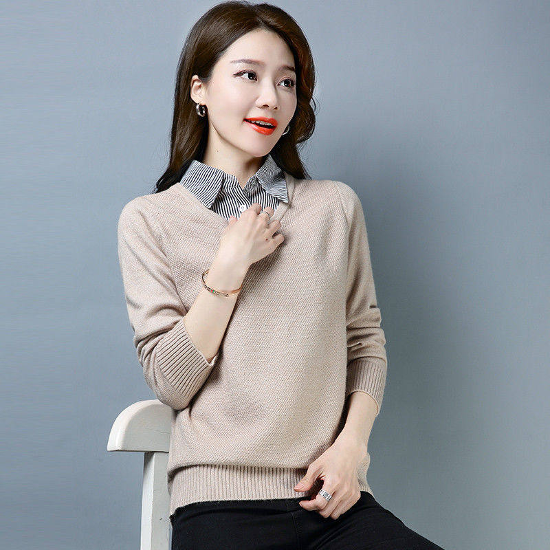 nn秋冬新款女装装假两件毛衣女加加厚衬衫毛针织衫