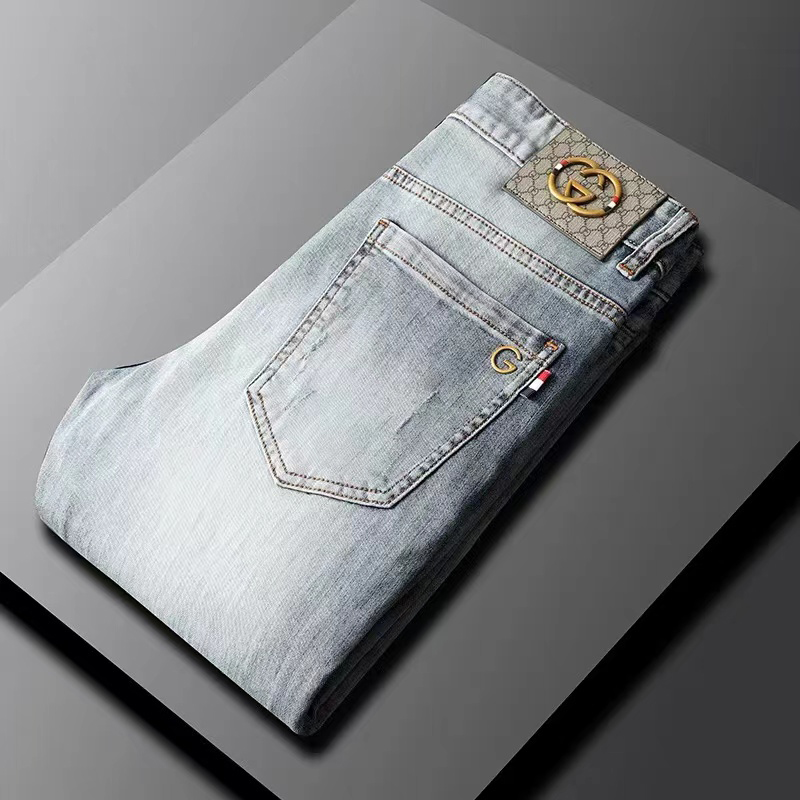 浅蓝色牛仔裤男士轻奢潮牌夏季个性修身小脚裤潮流时尚休闲长裤子
