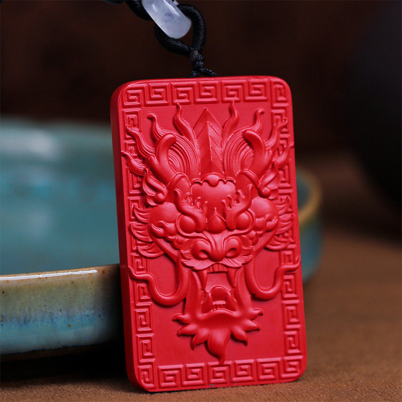 天然正品品红朱砂龙牌霸气龙头吊坠护身符项坠项坠