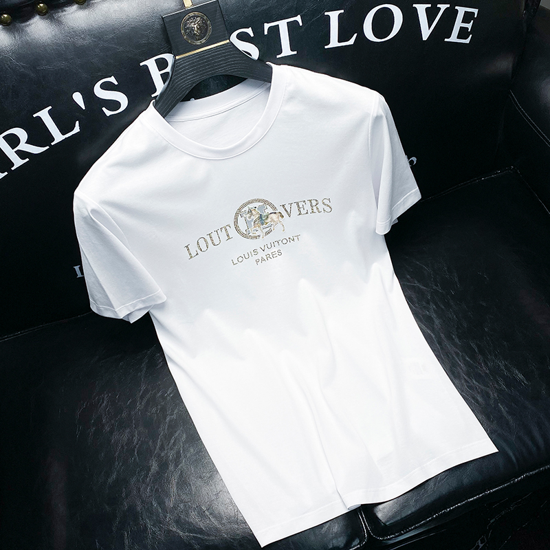 夏季薄款冰丝光棉白色短袖t恤男修身潮牌圆领烫钻战马休闲半袖男