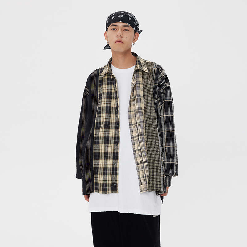 CoosRetro美式复古拼接格子休闲防晒衬衫男春夏潮牌街头情侣衬衣