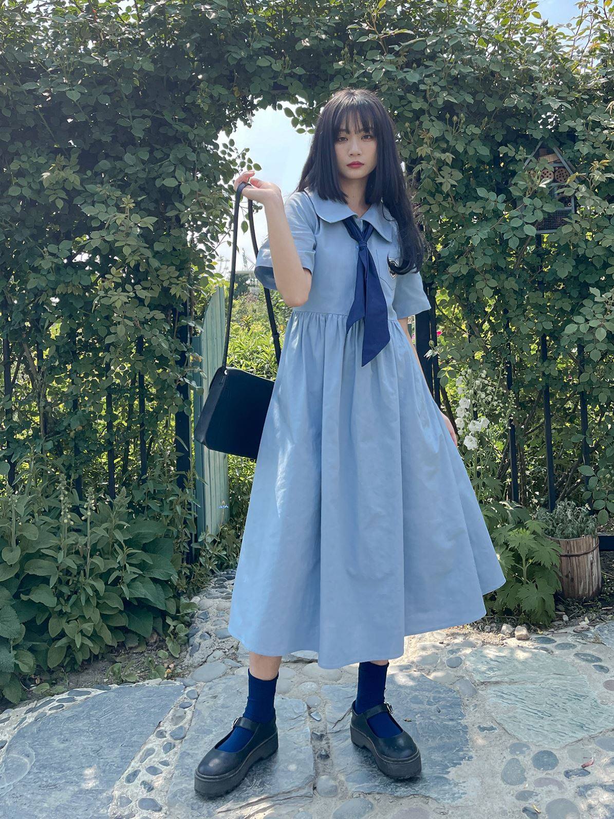 芝士日中长艺术夏艺术学生长裙jk改良天蓝色连衣裙连衣裙