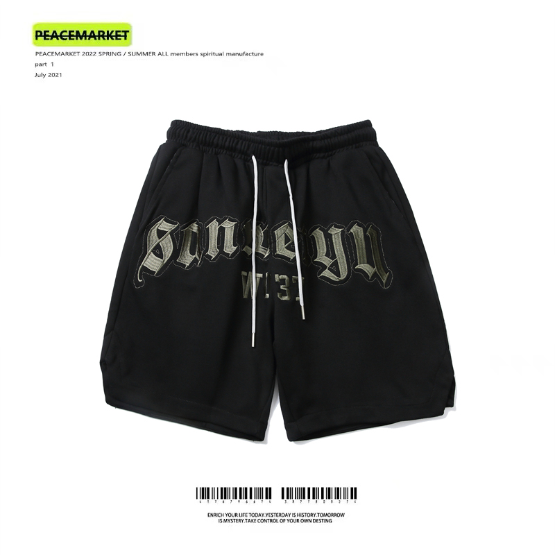 PEACEMARKET 哥特风字母刺绣休闲短裤潮牌嘻哈高街美式五分裤子男