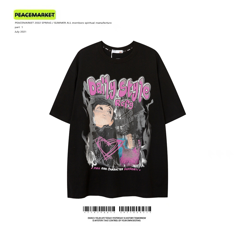 PEACEMARKET 二次元卡通爱心短袖T恤男女潮牌街头嘻哈复古半袖tee
