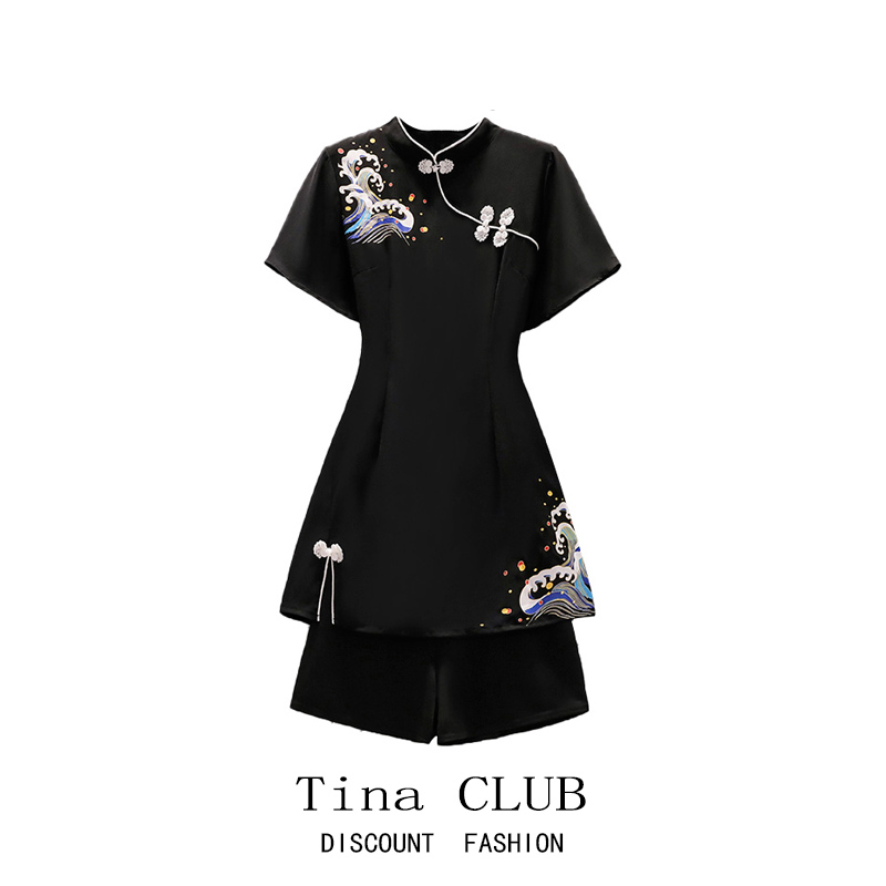 商场撤柜女装剪标品牌大码改良旗袍连衣裙夏胖妹妹显瘦短裤两件套