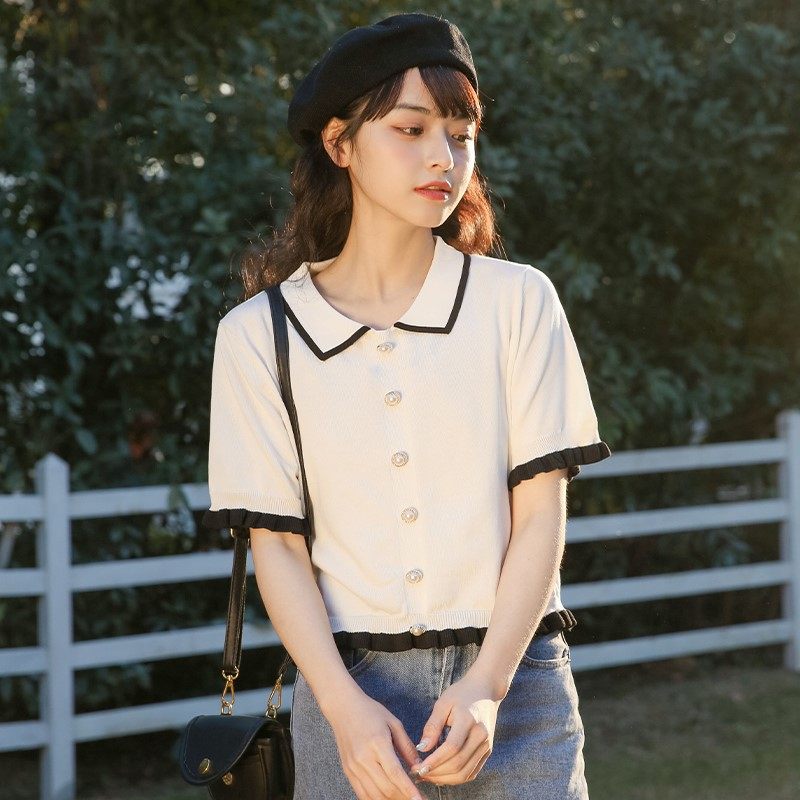 帛卡耳边上衣短款冰丝针织衫拼色恤女木耳短袖t恤