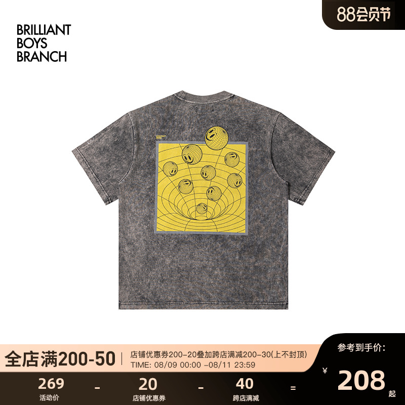 BBB 2022SS 潮牌后背地球印花水洗做旧短袖t恤男美式宽松夏季纯棉