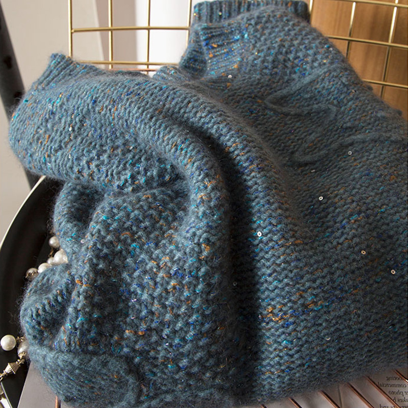 别致高级感超好看上衣欧洲站新款欧货时尚洋气蓝色亮片毛衣女冬季