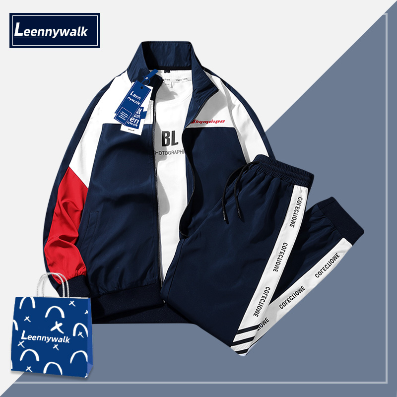 Leennywalk春秋季潮流百搭休闲运动套装男复古ins立领上衣长卫裤