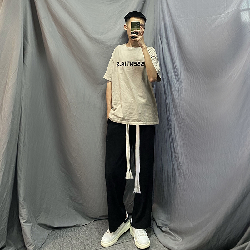 裤子男2021新款夏天薄款ins潮牌百搭休闲长裤抽绳黑色拖地裤宽松