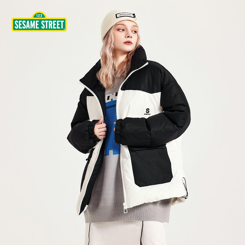 sesame鸭绒外套工装宽松羽绒服street白鸭绒撞色黑白羽绒服