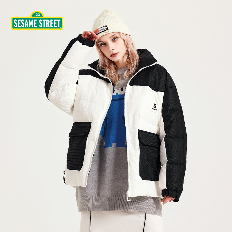 sesame鸭绒外套工装宽松羽绒服street白鸭绒撞色黑白羽绒服