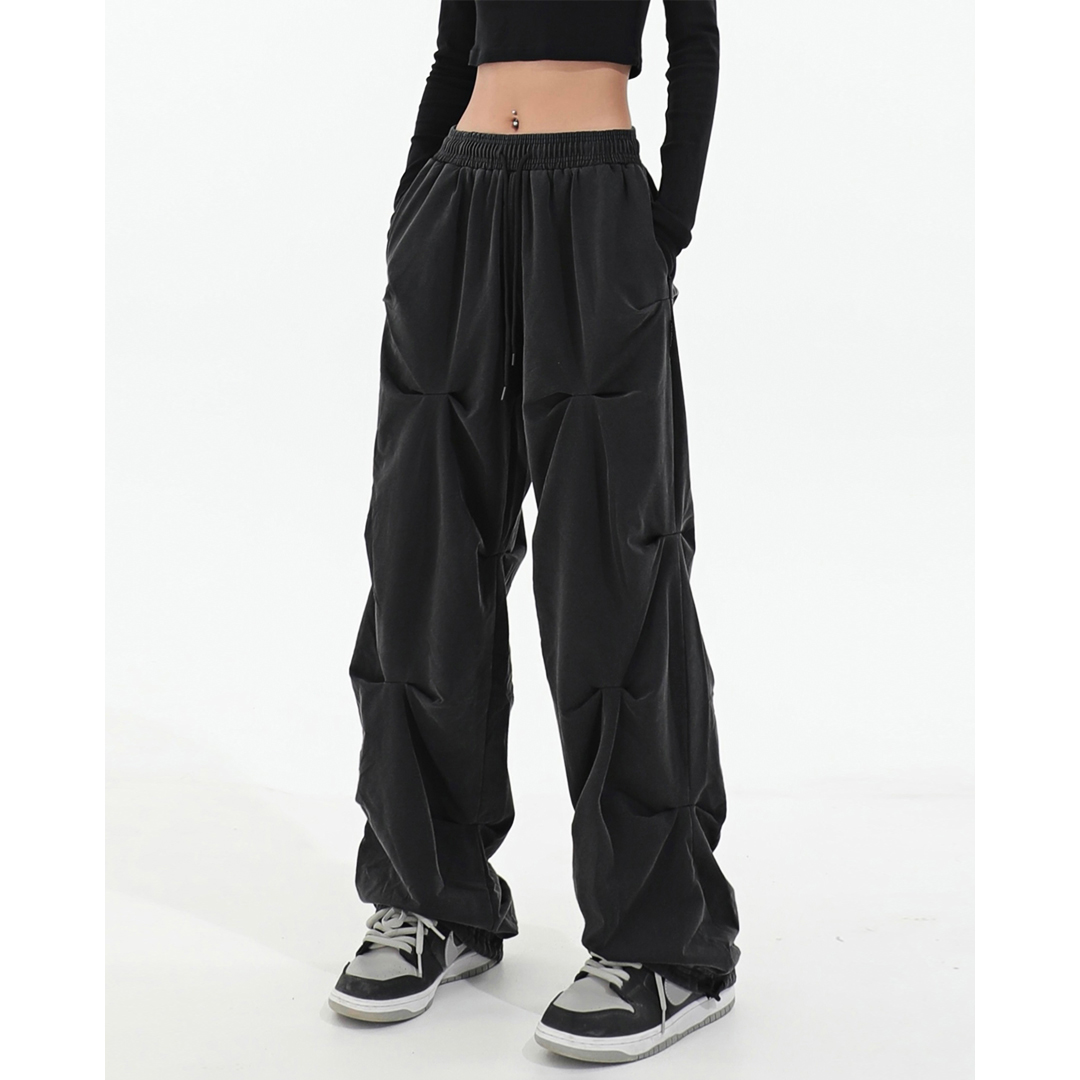设计感褶皱休闲卫裤女ins高街潮牌抽绳拖地直筒裤子黑灰色阔腿裤