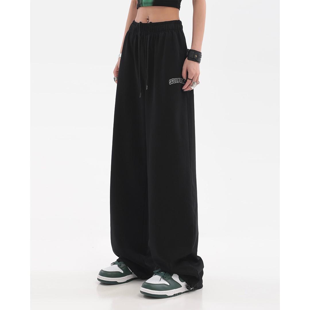 美式复古街头嘻哈阔腿休闲裤女夏季设计感小众直筒束脚运动裤子潮