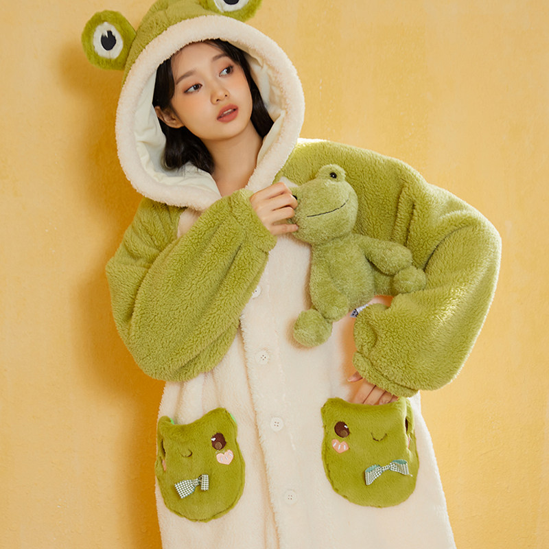睡衣2022冬款加厚珊瑚瑚绒小青青蛙睡袍可外睡衣
