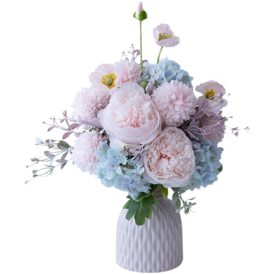 高档粉嫩文艺束国色m天香仿真绢花艺术花厅摆件餐桌色陶瓷客瓶ins
