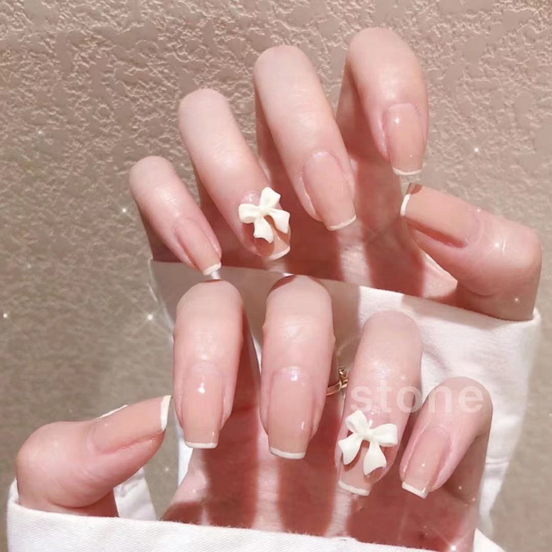 手工蝴蝶结法式裸色指甲贴片美甲成品网红同款美甲工具
