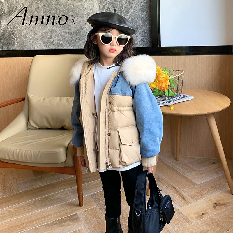 anmo安墨童装女童品牌羽绒服短款冬季中大童拼色羽绒服