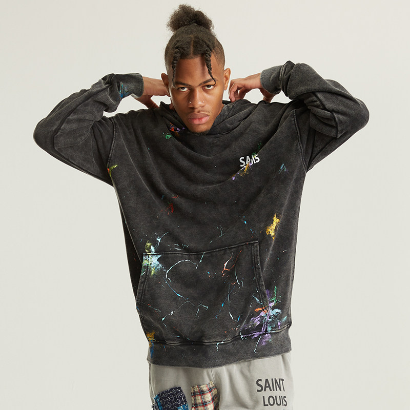 saintlouis水洗黑闪粉泼墨做旧连帽衫宽松oversize彩绘情侣卫衣