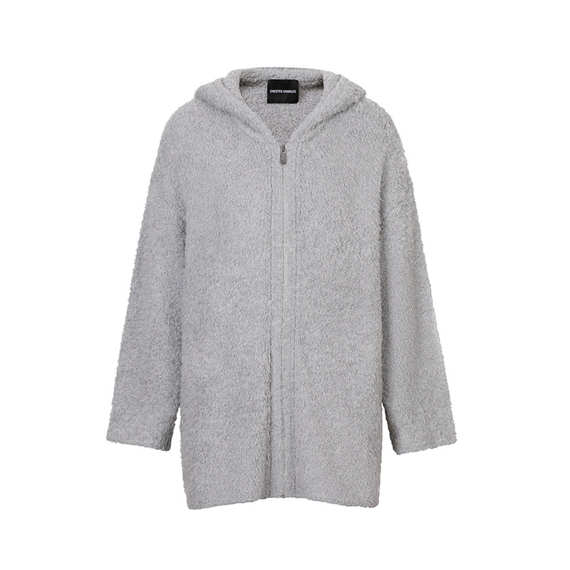 chestercharles宽松时尚连帽外套潮拉链纯色毛茸茸男女同款上衣
