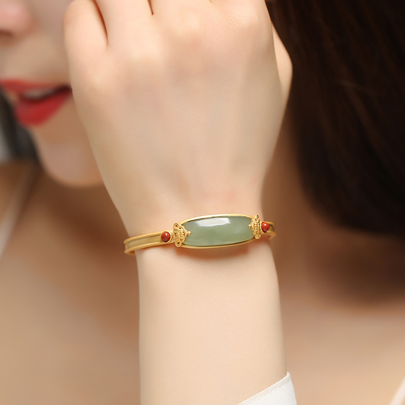 bf和田青玉古法如意金镶玉开口手镯纯银复古手镯